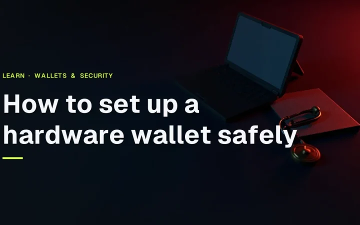 The guide title over a dark desk with a hardware wallet, steel plate, padlock and shield tag in red light.