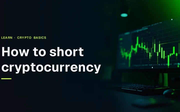 Der Titel How to short cryptocurrency über einem dunklen Schreibtisch mit einem Monitor, der abstrakte fallende Balken und leuchtend grüne Akzente zeigt.