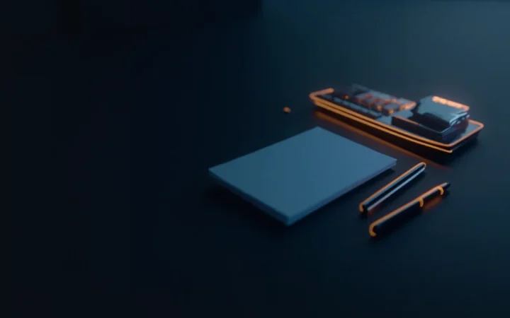 Un escritorio azul marino oscuro con una calculadora, un bloc de notas y un bolígrafo a la derecha, detalles naranjas brillantes y la mitad izquierda vacía.