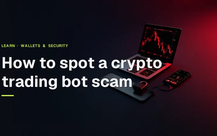 Titlen How to spot a crypto trading bot scam over et mørkt skrivebord med en laptop, telefon og hængelås, der lyser rødt.
