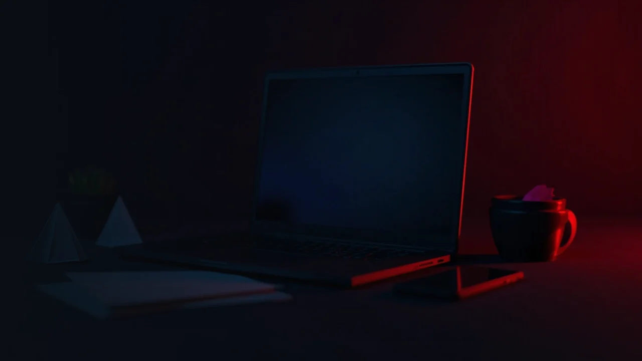 Ein dunkler Schreibtisch mit einem leeren Laptop, Telefon, Papier und Umschlag, beleuchtet von rotem Licht.