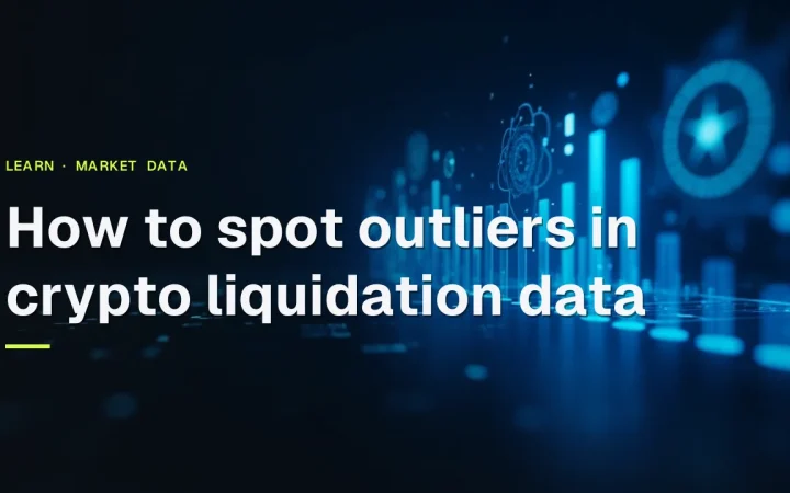 Titlen How to spot outliers in crypto liquidation data over glødende blå søjlediagrammer og skiver på en mørk navy baggrund.