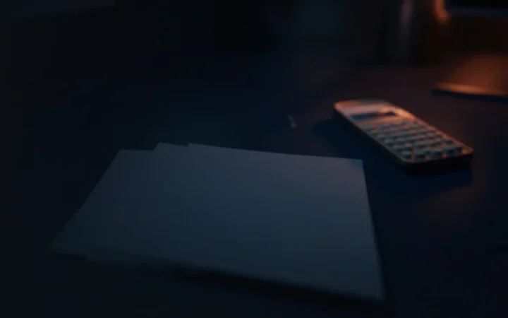 A dark desk with blank papers, a calculator and a pen lit in orange.