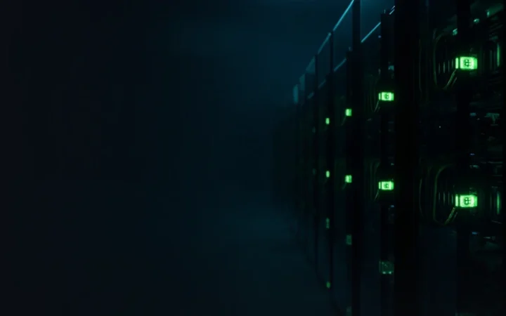 Des rangées de baies de serveurs lumineuses en vert lime et bleu marine.