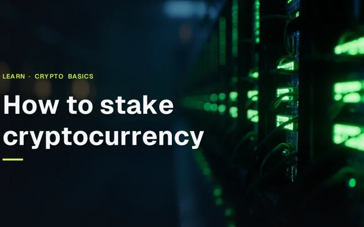 A dark guide cover titled How to Stake Cryptocurrency over rows of glowing server racks in lime green and navy.