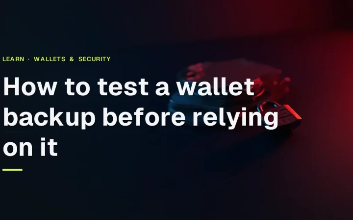 Title about testing a wallet backup over a dark desk with a hardware wallet, steel plate, padlock and shield lit in red.
