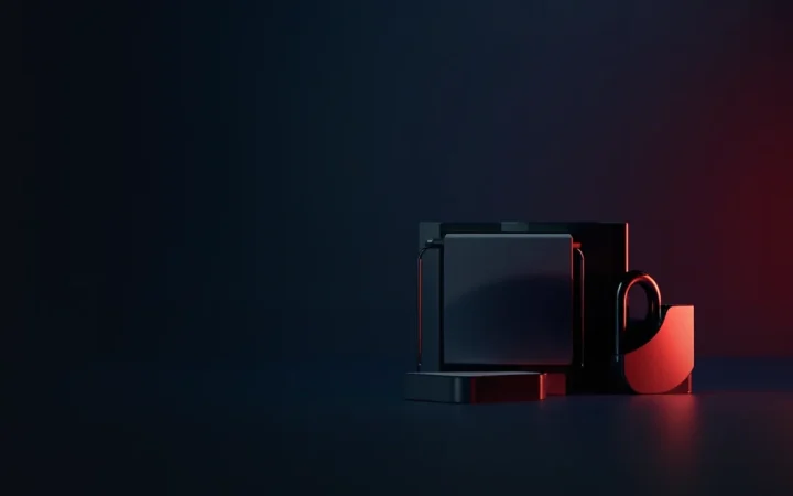 A dark desk with a hardware wallet, steel plate, padlock and shield lit in red.