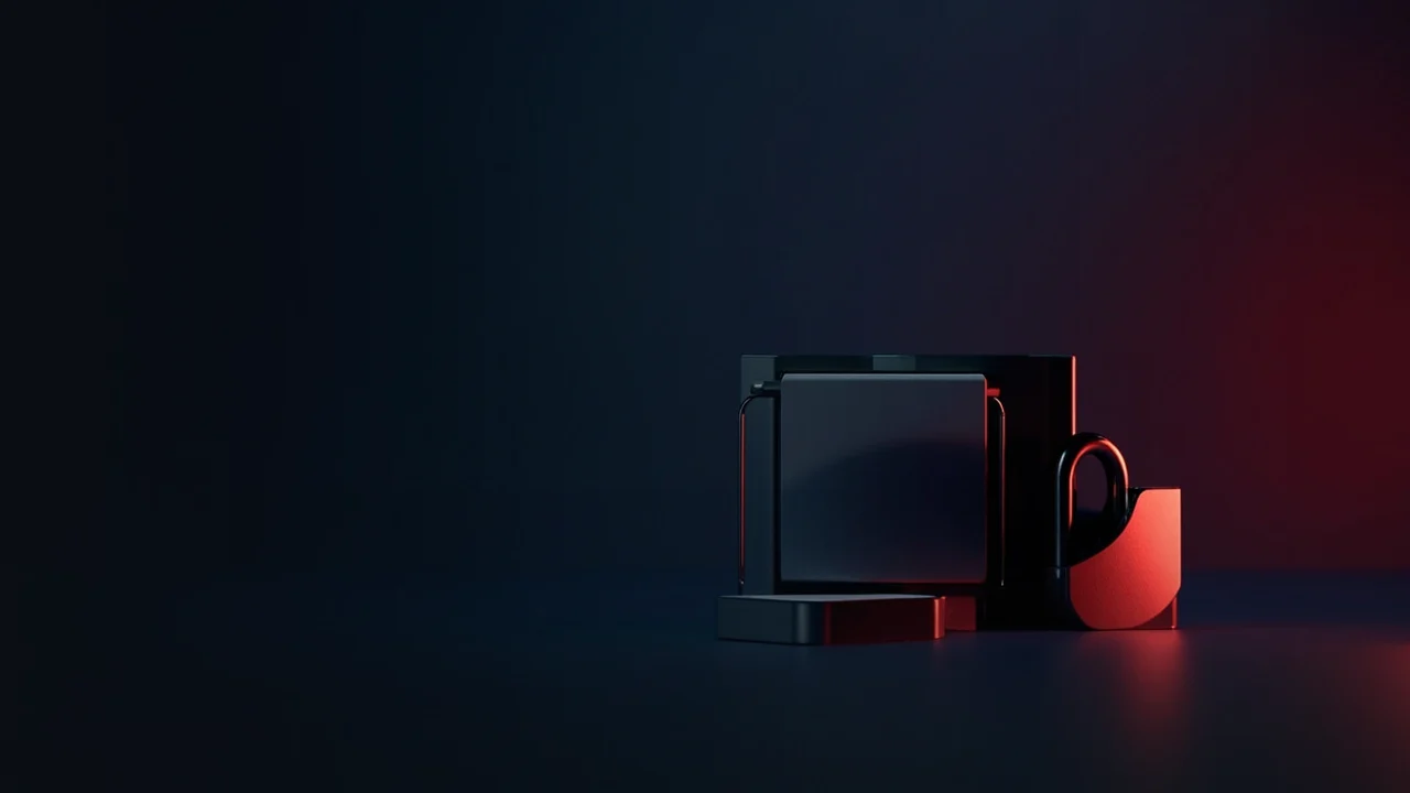 Et mørkt skrivebord med en hardware wallet, stålplade, hængelås og skjold oplyst i rødt.