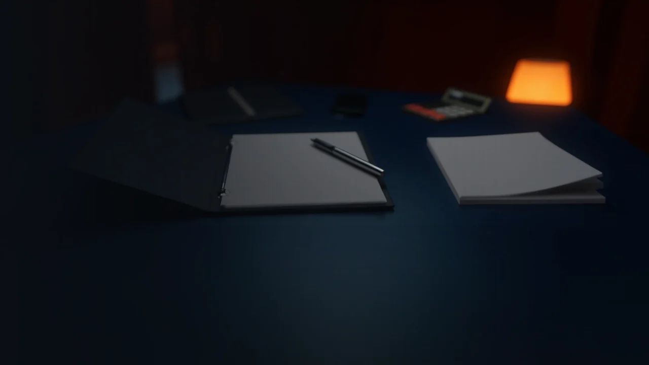 Ein dunkelblaues Schreibpult mit leeren Papierbögen, einem Ordner, einem Stift und einem Taschenrechner in orangefarbenem Licht.