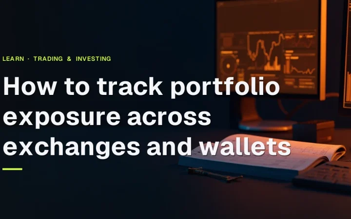 Ein dunkler Schreibtisch mit leuchtenden Monitoren mit abstrakten orangefarbenen Balken und einem leeren Hauptbuch, betitelt Wie man das Portfolio-Engagement über Börsen und Wallets hinweg verfolgt.