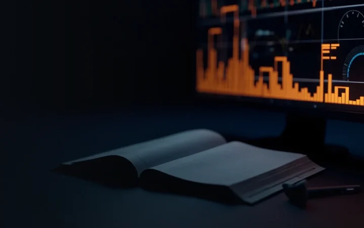 Et mørkt skrivebord med lysende skærme med abstrakte orange søjler og en blank journal.