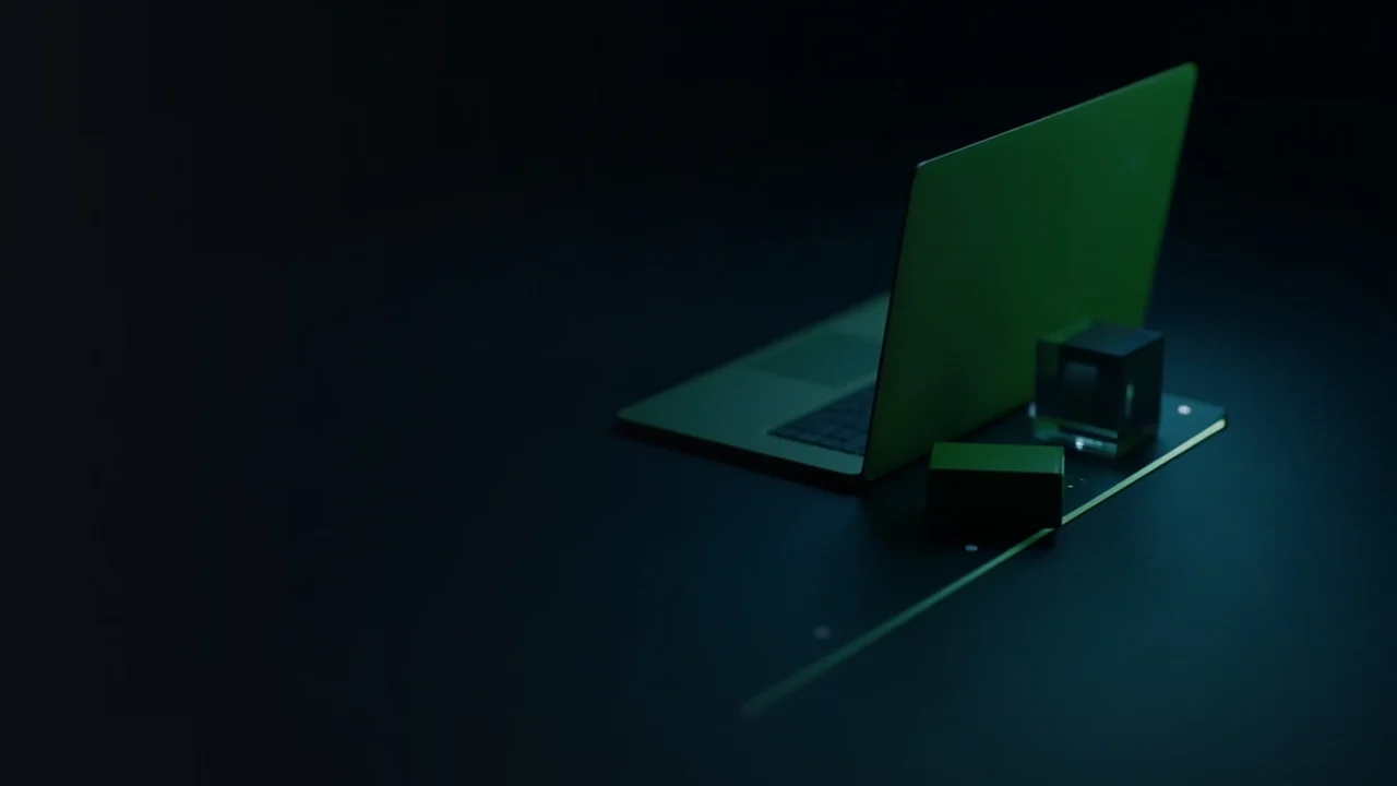 A dark desk with a glowing laptop, a blank hardware wallet and a glass block linked by light.