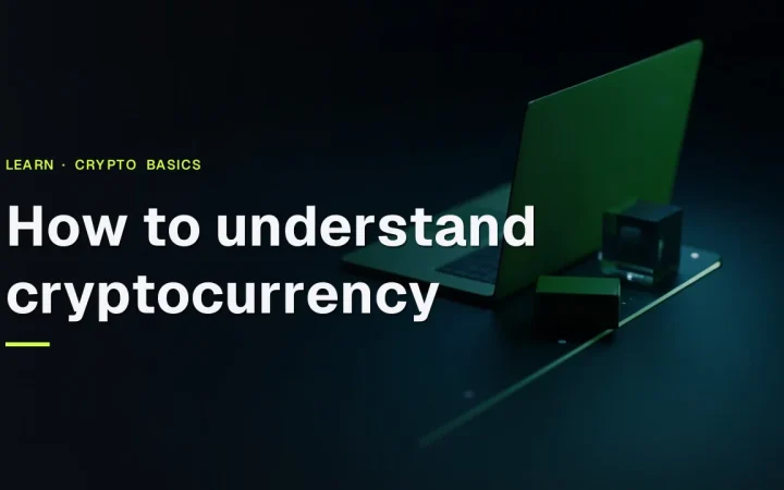 The guide title over a dark desk with a glowing laptop, a blank hardware wallet and a glass block linked by light.