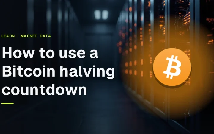Bitcoin halving countdown-guide-titel med Bitcoin-logoet over rækker af glødende mining-maskiner i et mørkt rum.