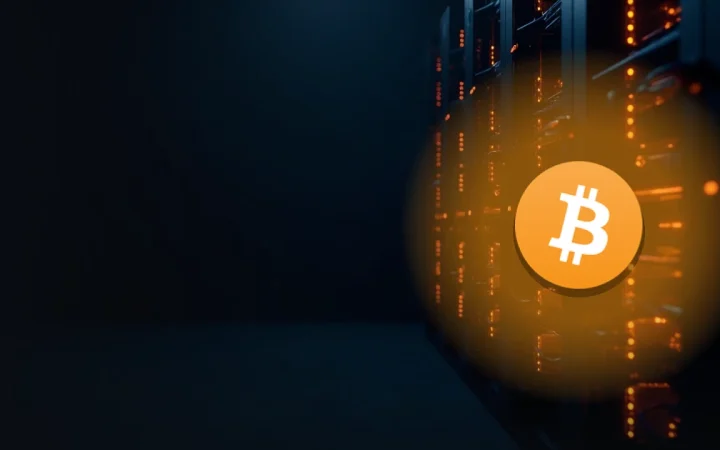 Bitcoin-logoet over rækker af glødende mining-maskiner i et mørkt rum.