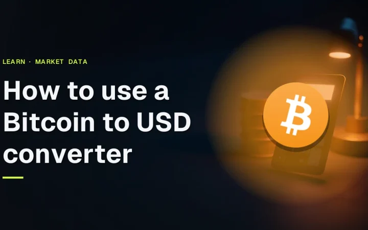 Guidens titel og Bitcoin-logoet vises over en mørk navy baggrund med en lommeregner og blanke metaldiske.