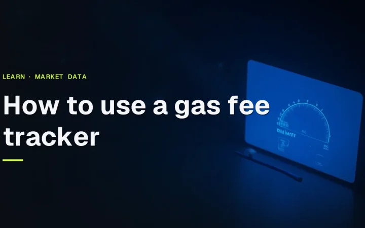En gas fee tracker-guide-titel over et mørkt skrivebord med en glødende blå måler og bjælker på en skærm