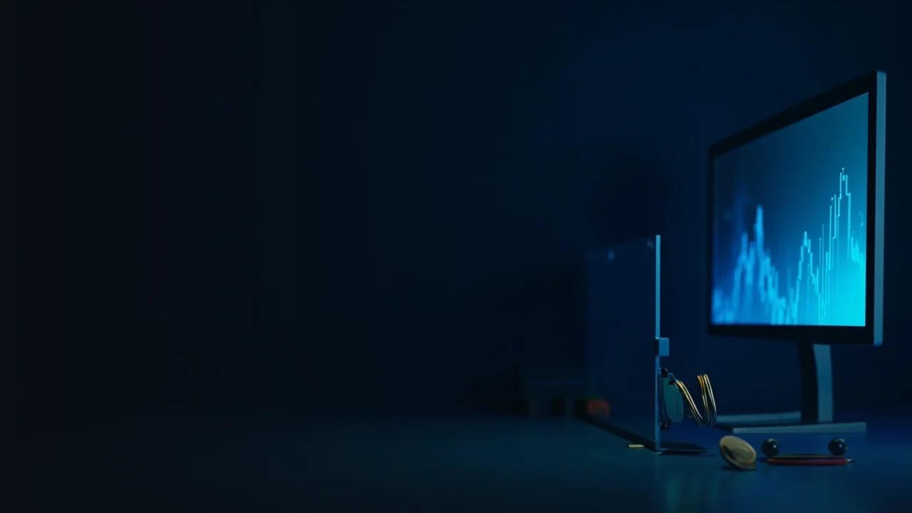 Un bureau sombre avec un écran affichant une courbe bleu lumineux et des jetons vierges sur la droite.