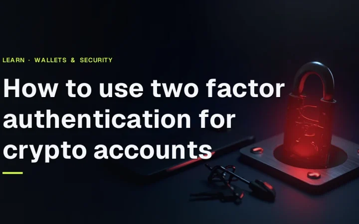 Two factor authentication guide cover with a dark desk, a phone, a security key and a glowing red padlock on the right.