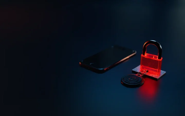 Two factor authentication background with a dark desk, a phone, a security key and a glowing red padlock on the right.