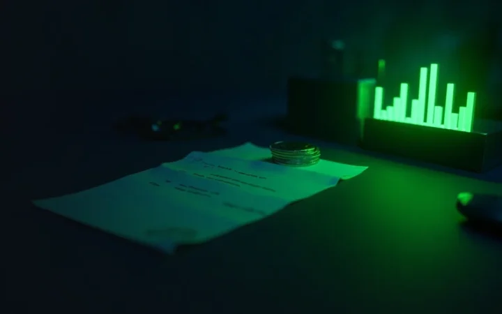 A dark desk with a glowing lime green terminal, a blank invoice sheet and blank metal tokens on the right, and empty shadowed navy on the left.