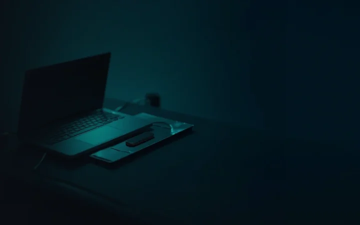 Et mørkeblåt skrivebord med en lysende laptop og en hardware wallet.