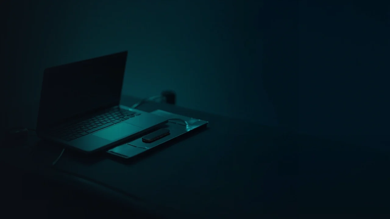 Et mørkeblåt skrivebord med en lysende laptop og en hardware wallet.