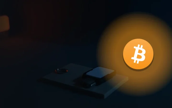 Bitcoin-logoet over et mørkt navyblåt rum med en enkelt glødende orange lyskilde.