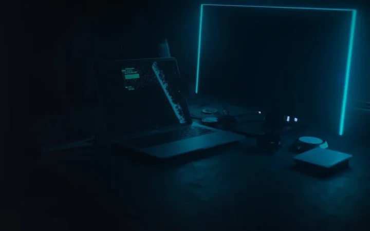 Et mørkt skrivebord med en laptop og skærm, der viser lysende cyanbjælker, plus en tom hardware-wallet og en stålplade.