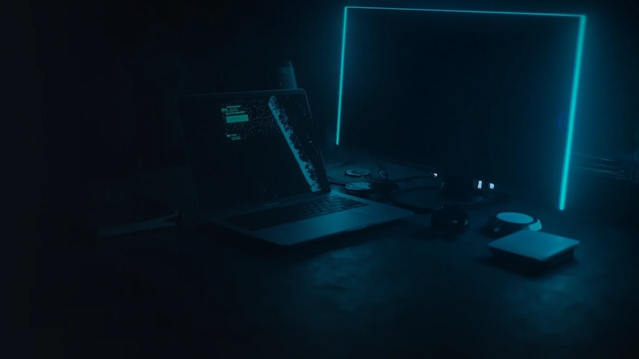 Un escritorio oscuro con un portátil y un monitor que muestran barras cian luminosas, además de una cartera hardware en blanco y una placa de acero.