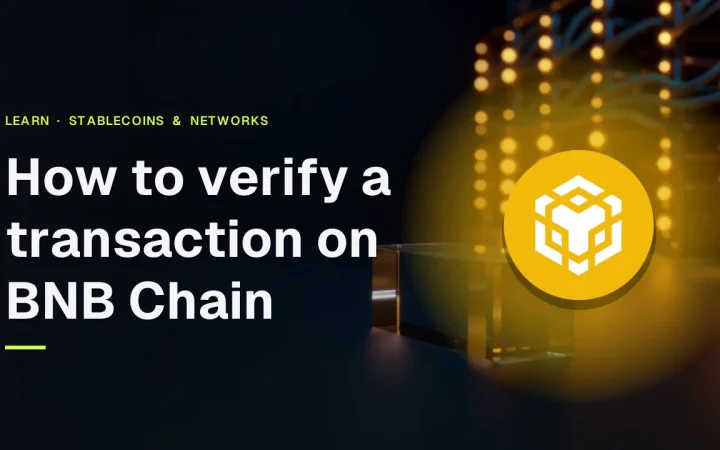 Der Titel Wie man eine Transaktion auf BNB Chain verifiziert mit dem BNB-Logo über dunklen Server-Racks und einem Glasblock.