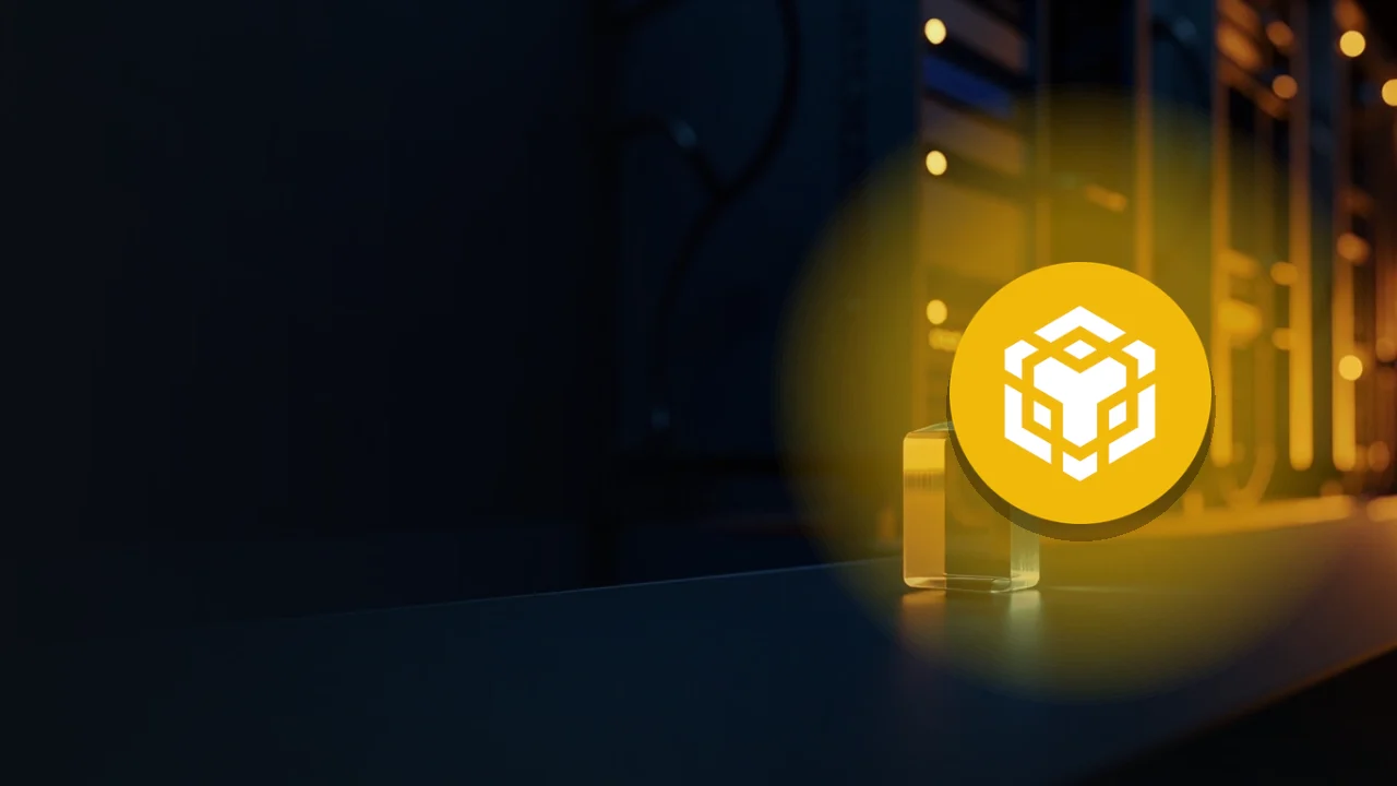 BNB-logotypen över mörka serverrack och ett glasblock.