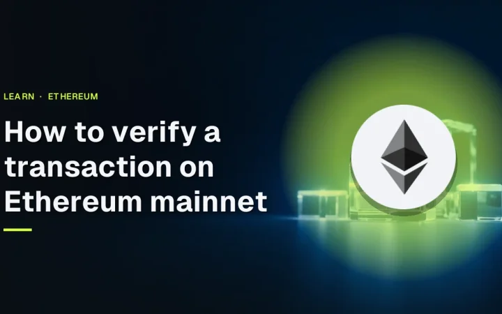 The guide title How to verify a transaction on Ethereum mainnet with the Ethereum logo over glass blocks joined by glowing blue light.