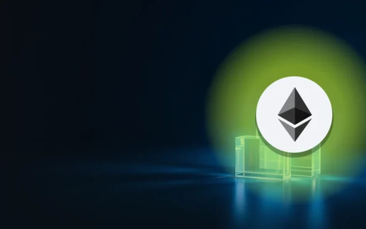 Ethereum-logoet over glasblokke forbundet af glødende blåt lys.