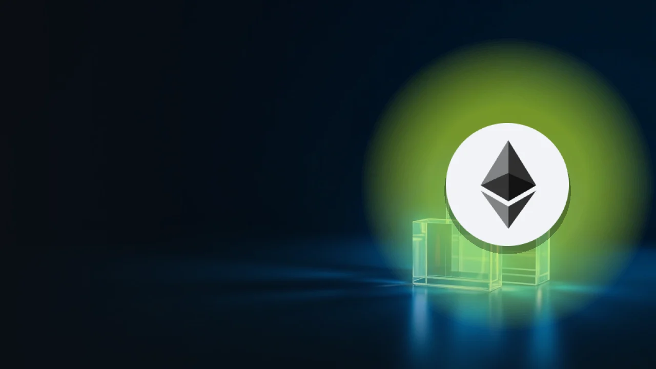 Le logo Ethereum sur des blocs de verre reliés par une lumière bleue lumineuse.
