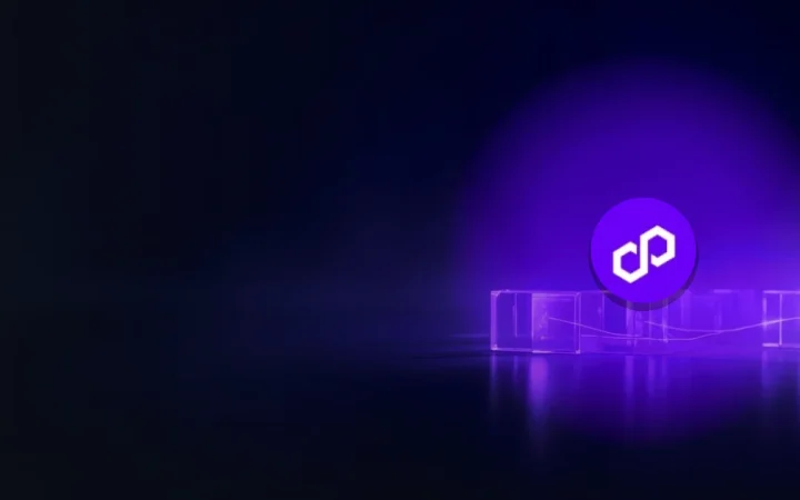 The Polygon logo over rows of glass blocks joined by violet light on a dark navy background.