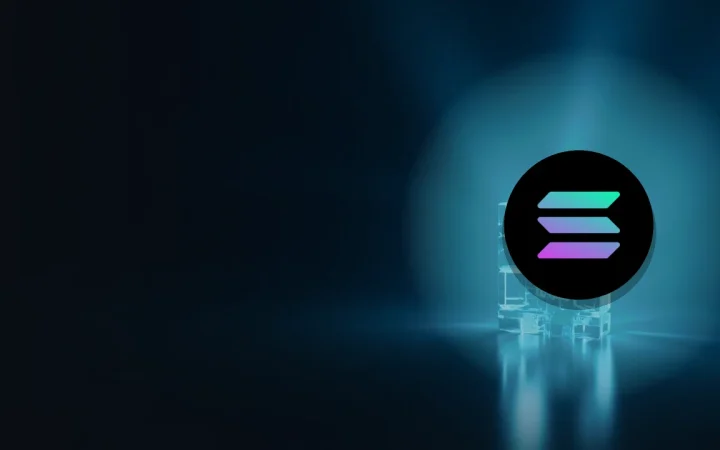 The Solana logo over a dark navy background of glowing cyan glass blocks linked by light beams.