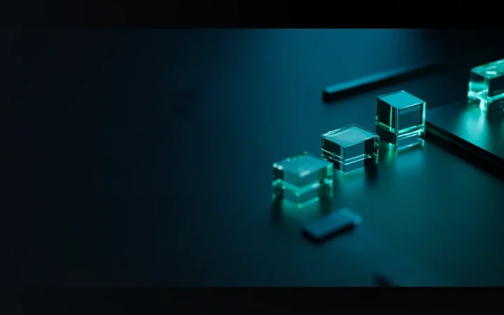 A dark navy background with glowing teal glass blocks linked by light on the right.