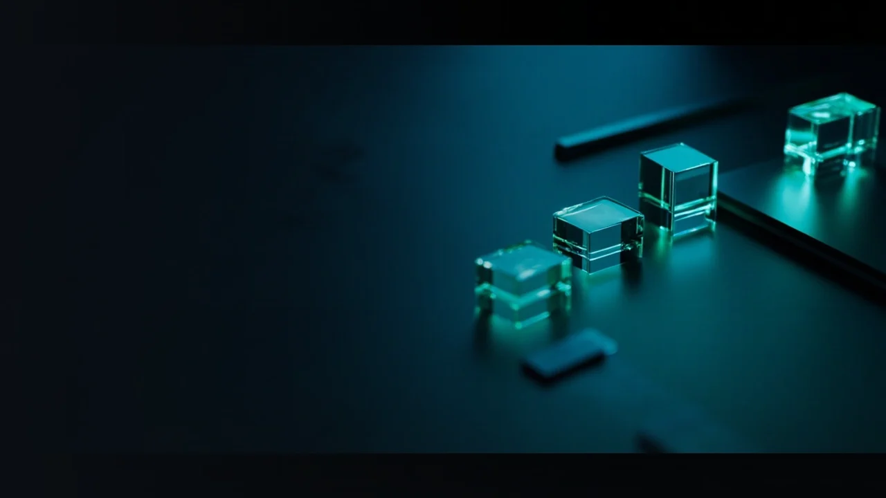 A dark navy background with glowing teal glass blocks linked by light on the right.