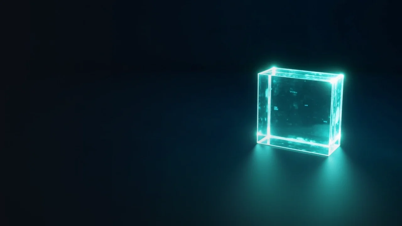En mörkblå bakgrund med två glasblock sammanfogade av glödande turkosa ljuslinjer till höger.