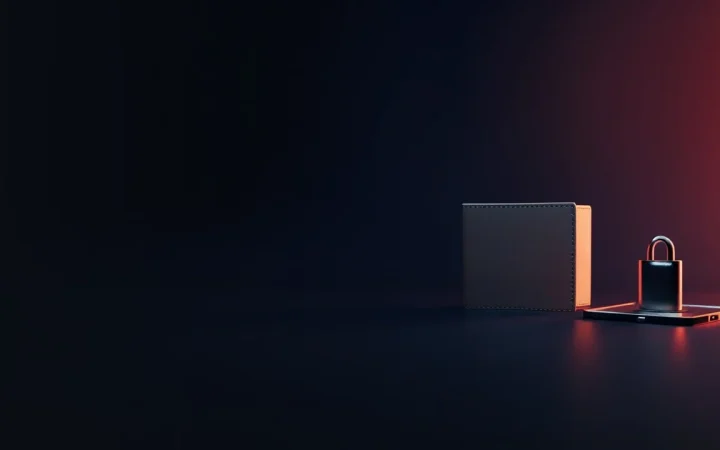 Et mørkt skrivebord med en tom hardware wallet, en stålplade og en hængelås.