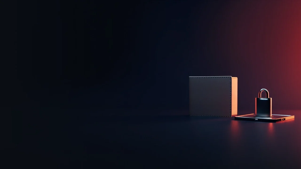 Et mørkt skrivebord med en tom hardware wallet, en stålplade og en hængelås.
