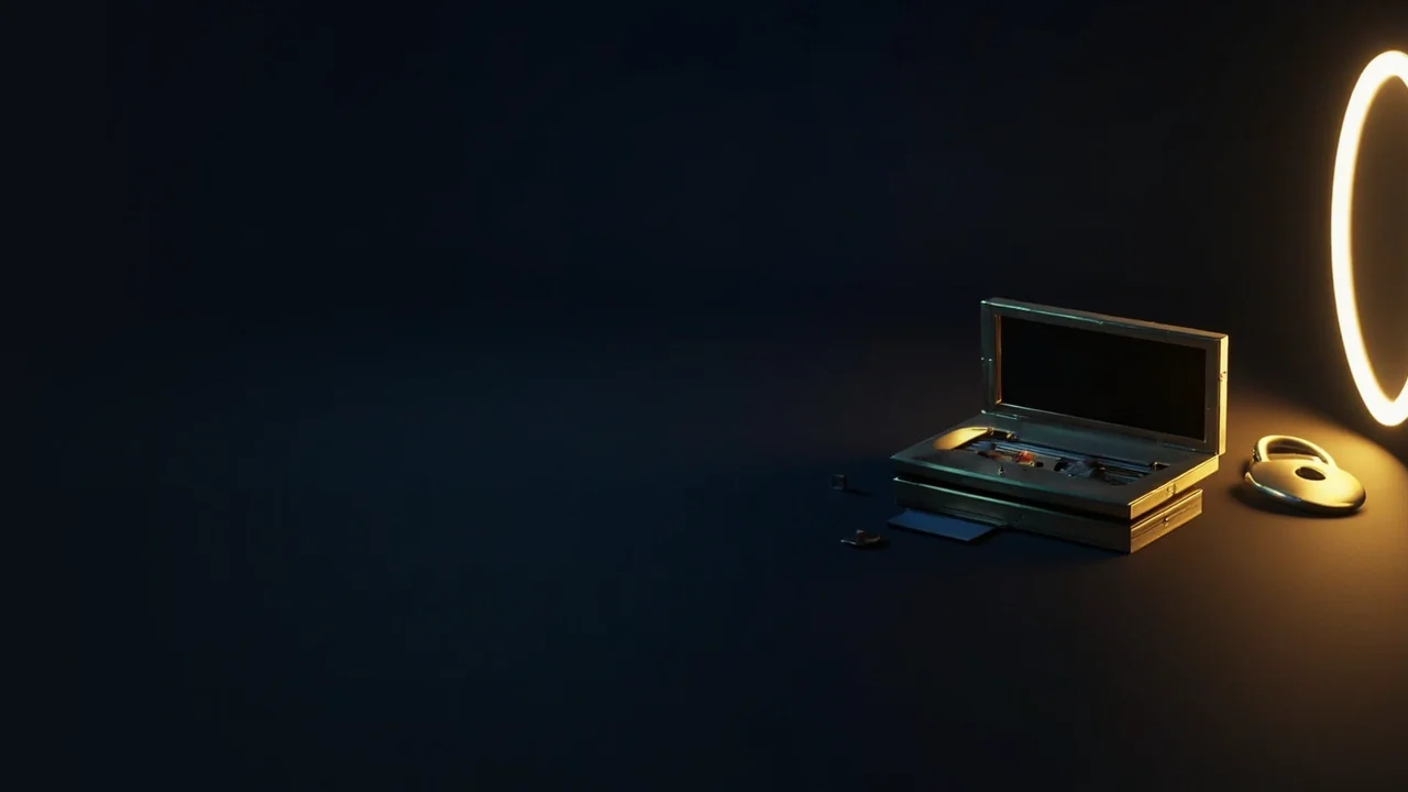 Et mørkt skrivebord med en tom hardware wallet, stålplade, hængelås og skjold oplyst i guld.