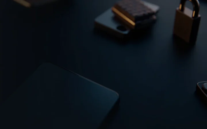 Et mørkt skrivebord med en telefon og en hardware wallet i gyldent lys, der illustrerer sikker krypto-udbetaling fra Bitget.