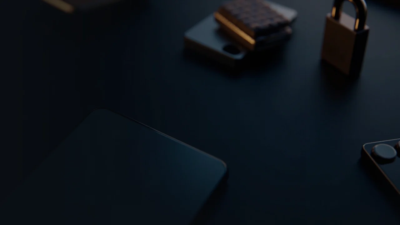 Un escritorio oscuro con un teléfono y una cartera de hardware bajo una luz dorada, que ilustra la retirada segura de criptomonedas desde Bitget.
