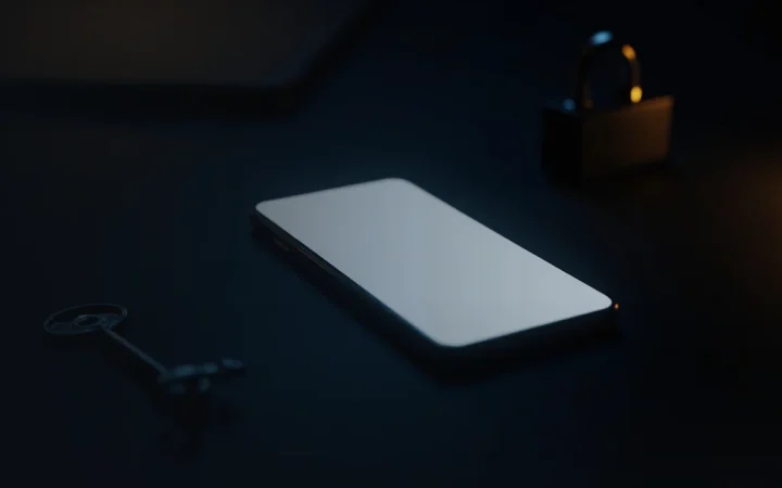 Et mørkt navyblåt skrivebord med en tom telefon, nøgle og hængelås i gyldent lys.