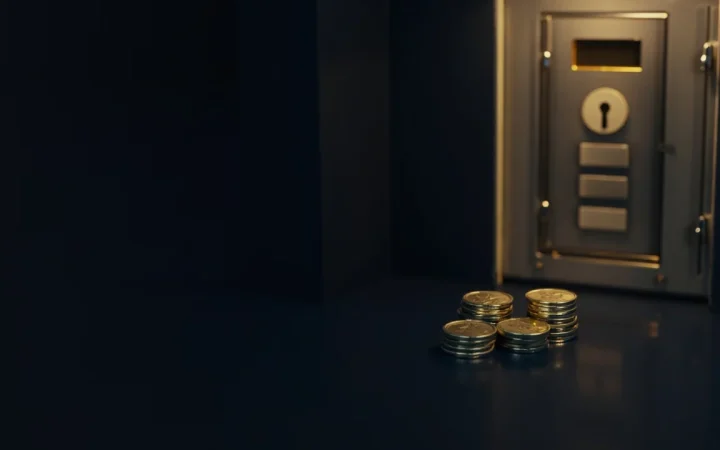 Una escena de bóveda oscura con pilas de monedas y una caja fuerte de cristal.