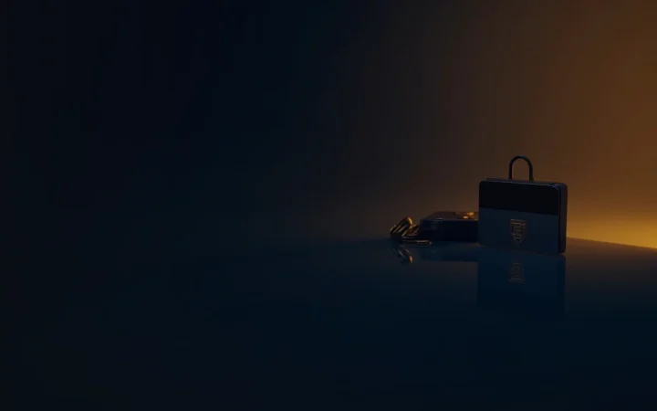 En hardware-wallet, stålplade og hængelås på et mørkt navy-skrivebord, der lyser guld.
