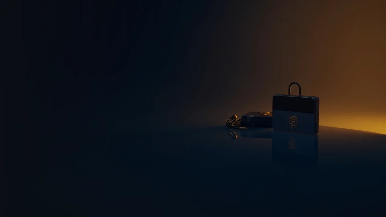 En hardware-wallet, stålplade og hængelås på et mørkt navy-skrivebord, der lyser guld.