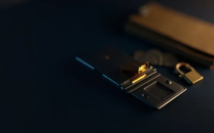 Un bureau sombre avec un portefeuille matériel vierge, une plaque en acier, un cadenas et un dossier, éclairé par une lumière dorée.